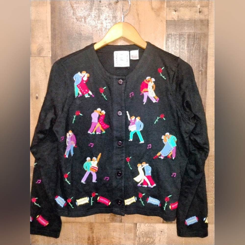 Michael Simon Vintage Dancing Music Notes Black Button Up Long Sleeve Shirt